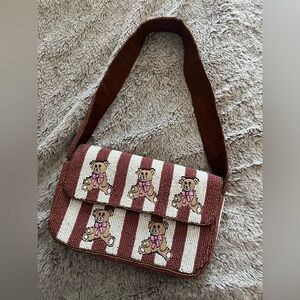 Striped Teddy Bear Beaded Shoulder Bag in Brown and Cream